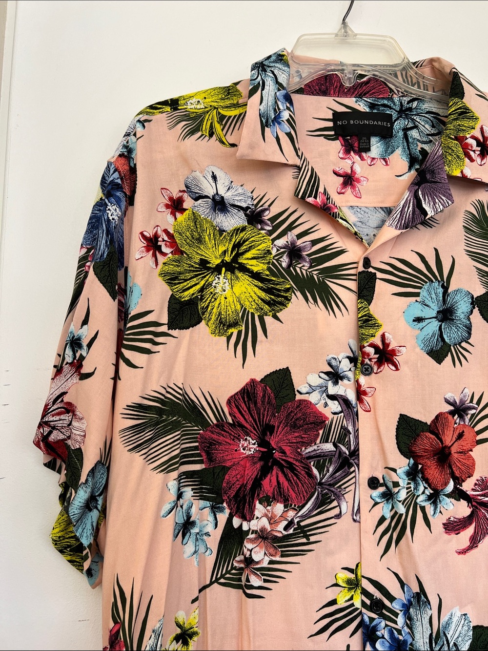 No Boundaries Pink Tropical Hawaiian Floral Button-Down Shirt Vacation 2XL Men